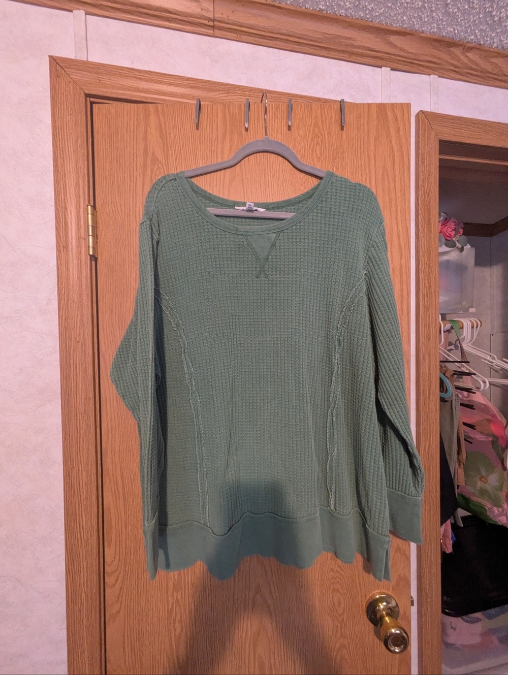 Time and Tru Waffle-Knit Crew Sweater in Sage Green
